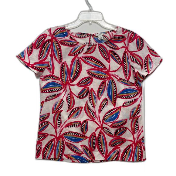 J. Crew Factory XS Tropical Leaf Print Linen Cotton Blend Top Short Sleeves - Picture 1 of 10